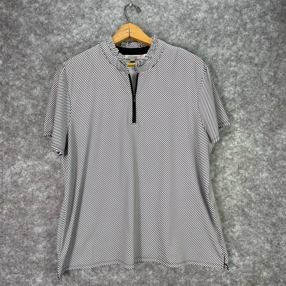Chicos UPF Shirt Womens XL (3) White Black Stripe Ruffle Top Zip Short Sleeve